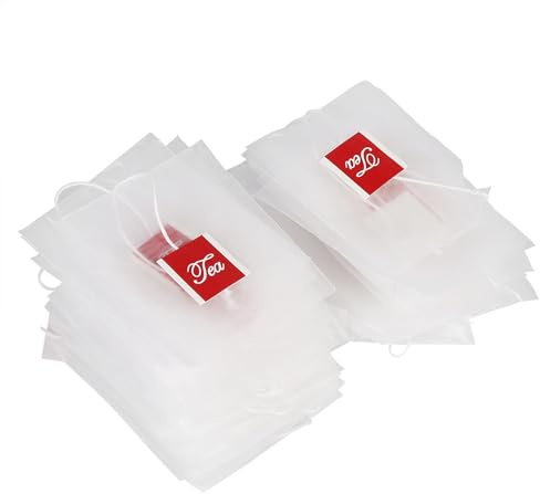 100 bustine per infusore per tè in nylon premium con coulisse, resistente al calore, riutilizzabile, trasparente, colino da tè per erbe, spezie, bouquet garni, 7x6 cm