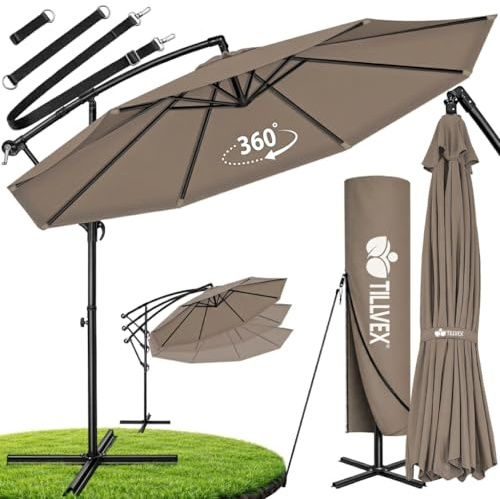 tillvex® Alu Sonnenschirm Ø 300cm + Abdeckung, Kurbel, Ständer & Windschutz