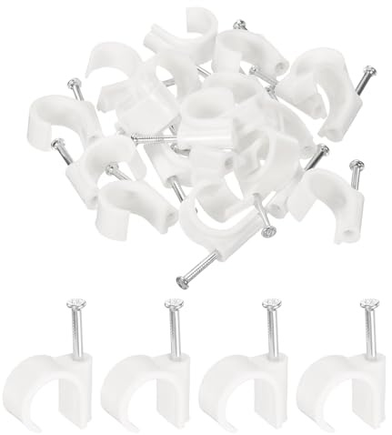 QUARKZMAN 50 Pezzi Clip Per Cavo Con Chiodo 20mm Circolare Gancio Singolo Mezza Fascetta Gancio A J Con Chiodo Fascette Per Cavi Per Fissare Cavi A Parete Per Ethernet Punti Coax Tubo