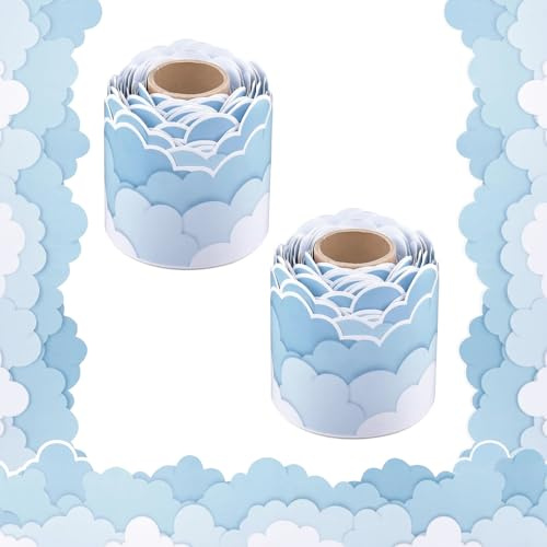 DXPETA 2 Rolls Bulletin Board Borders, Cloud Display Wallpaper Border Self Adhesive, Classroom Office Party Decorative Display Border, 65.61 ft (Blue)