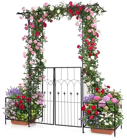 COSTWAY Rosenbogen mit Tür, Gartenbogen Metall, Torbogen mit 2 Pflanzkästen, Rankbogen für Kletterpflanze, Rankhilfe Rankgitter Rosenspalier, für Hochzeit Partys Garten, Schwarz, 200 x 56 x 206 cm