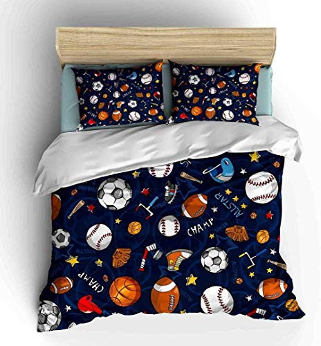 SHOMPE Sports Comforter Sets Bed in A Bag Queen Size,3D Soccer Basketball Baseball Football Theme Quilt Set for Kids Boys Children Fans Bedding Decorative