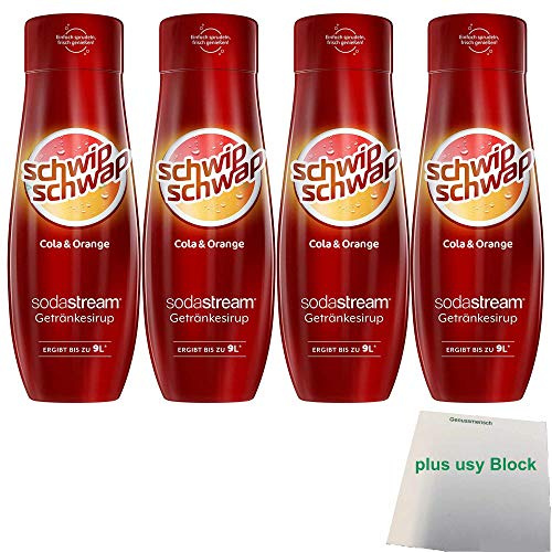 schwip schwap Getränke-Sirup Cola&Orange für Wassersprudler 4er Pack (4x0,44l Flasche) + usy Block