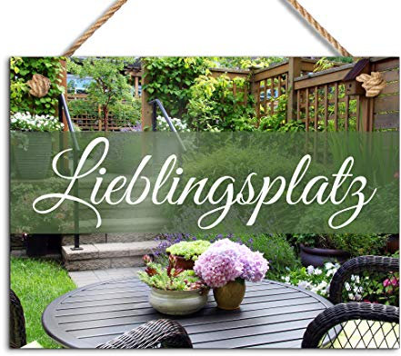 Schönes Wandschild o. Gartenschild Lieblingsplatz mit einer Kordel zum Aufhängen | Süße Wanddeko für zuhause o. Gartendeko | 20x15 cm