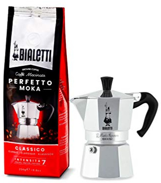 Bialetti Moka Express Espressokocher, Aluminium, Silber, 1 Tasse Perfetto Moka (der ideale Kaffee für den Moka), Gemahlener Kaffee - CLASSICO Geschmack Klassisch, 250 g