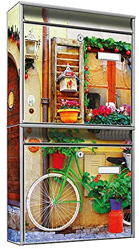 banjado Briefkastenanlage 2 Fach - 2 Briefkästen 36x64x10cm groß - Doppelbriefkasten Set - Namensschild, 2 Schlüssel, Montagematerial - Stahl verzinkt Silber - Motiv Grünes Fahrrad