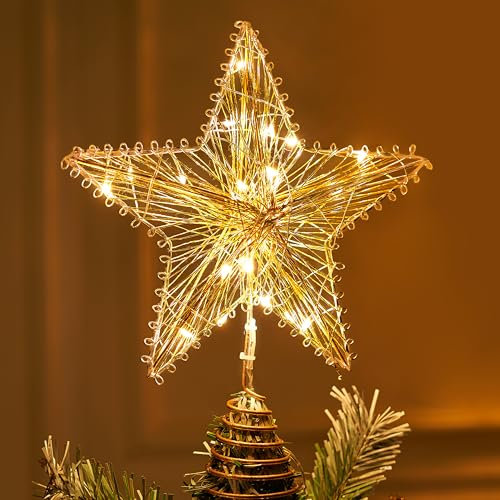 Joiedomi Decoración de estrella de metal dorado de 8 pulgadas con adornos de árbol de Navidad con luces LED blancas cálidas para decoración de interiores y fiestas de Navidad