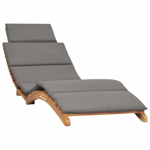 SKTQYQO Lettino Prendisole Pieghevole in Legno Teak Massello con Cuscino Grigio Scuro, Design Ergonomico Curvo e Struttura a Doghe per Relax e Comfort Esterno, Durevole e Resistente