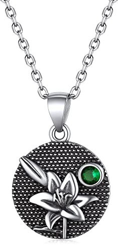 FOCALOOK Geburtsblume im Mai + Geburtsstein Anhänger mit 45+5cm Rolokette 925 Sterling Silber Münze mit Lilie Motiv Halskette Geburtsmonat Schmuck Accessoire für Damen Mädchen