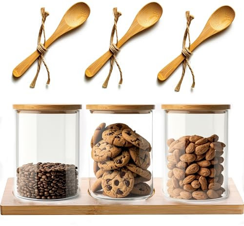 Melody Vorratsglas 3er-Set 400ml Glasbehälter für Gewürze Zuckerdose Keksdose Glasbehälter mit Deckel für Kaffee, Müsli, Candy Bar, Meal Prep und Küche Aufbewahrung Organisation Vorratsgläser & Löffel