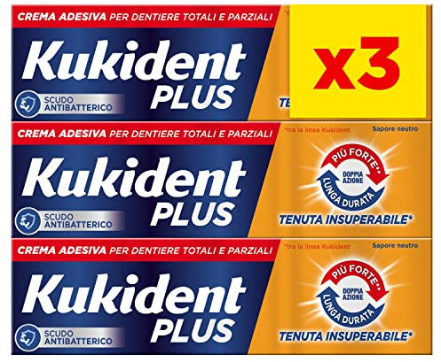 Kukident Plus Morso Insuperabile Crema Adesiva Per Protesi Dentali Totali e Parziali, Sapore Neutro. Confezione da 3x35g