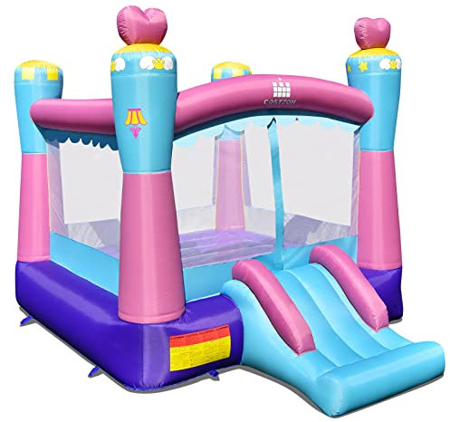 GOPLUS Aufblasbare Hüpfburg mit Rutsche, mit Sicherheitsnetz, Buntes Hüpfhaus, für den Innen- und Außeneinsatz, Spielburg für Kinder von 3-10 Jahren, 334 x 265 x 250cm (Princess, Ohne Gebläse)
