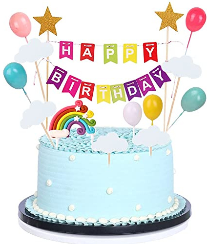 Morofme Rainbow Cake Topper 15pcs, Rainbow Birthday Cake Flag Banner, Colorful Rainbow Clouds Balloon Ball Cake Cupcake Topper, Colorful Cake Decoration for Boys Girls Birthday Baby Shower