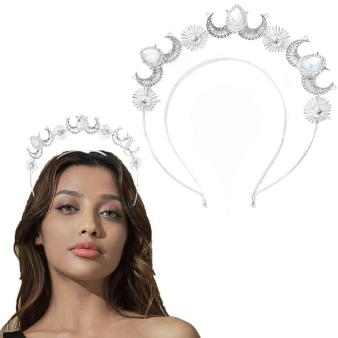 Flayem Mary Halo Stirnband Glitzernde Kristall Krone Silber Mond Kopfschmuck Strass Kronen Cosplay Party Prinzessin Tiaras Festival Haarreifen Zubehör für Frauen und Mädchen