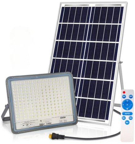AMC Faro led esterno con pannello solare 400 Watt, luci solari, Lampade da parete per esterni, luci solari da giardino con pannello crepuscolare, angolo di illuminazione 120°, 5 m, isolamento IP67