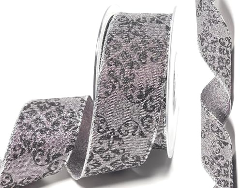 s.dekoda Schleifenband 20m x 40mm Silber - Hellflieder Brokatband schwarze Ornamente Dekoband Weihnachtsband [9227]