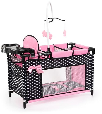 Bayer Design 62660AA Doll bed with integrated high chair, changing table, mobile, black, pink