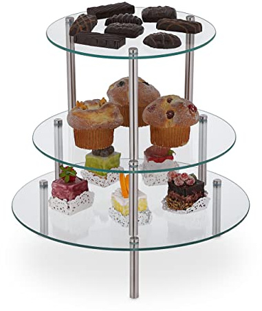 Relaxdays Tårtställ, stapelbar, 3 storlekar, för små kakor, desserter och cupcakes, runda tårtställ, transparent