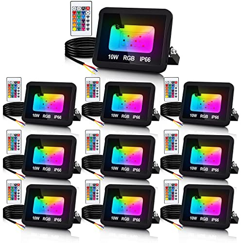 Cecaylie Foco LED RGB para exteriores, 10pcs 10 W Proyector RGB Exterior con mando a distancia, regulable, 16 colores 4 modos IP66, resistente al agua, función de memoria para Terraza