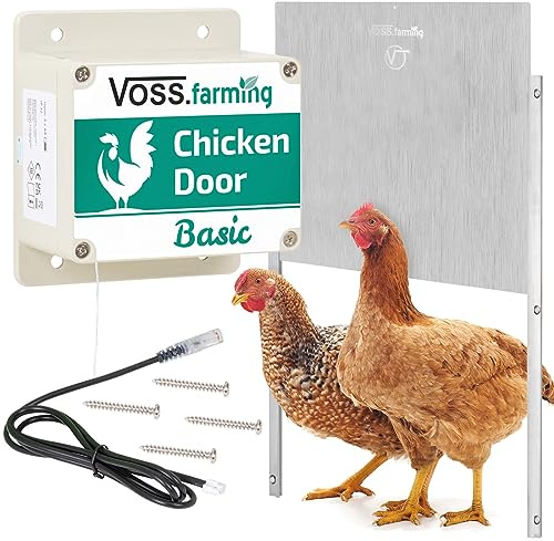 VOSS.farming Chicken-Door Basic Set, automatische Hühnerklappe mit Schiebetür, Alu 430x400mm, Hühnertür für Geflügelstall, Türöffnung mit Stopp-Funktion