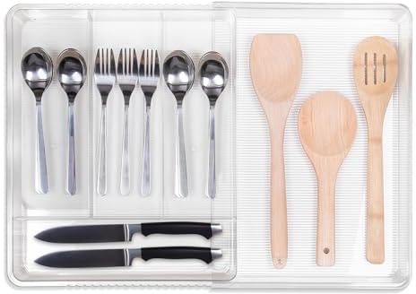 Amtido Cutlery Drawer Organiser - Expandable Tray - Clear Durable PET Plastic - Kitchen Utensil Storage Holder