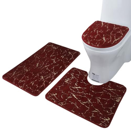 ZESLIV Badezimmerteppich Set 3 Teilig Badematten WC Vorleger mit Ausschnitt rutschfeste Toilettenmatte Badvorleger Saugfähige Badteppiche, Rot