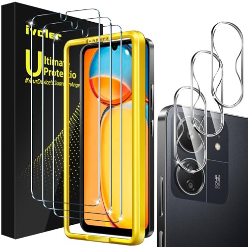 ivoler 3 Piezas Protector de Pantalla para Xiaomi Redmi 13C / Poco C65 con 3 Piezas Protector de Lente de Cámara y Marco de Instalación, Cristal Vidrio Templado Anti-Arañazos, 9H Dureza, Ultra HD