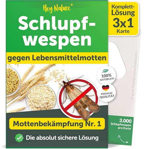 Hey Nature Schlupfwespen gegen Lebensmittelmotten - Komplettkur 3 Karten | (1 Karten à 3 Lieferungen) | Natürlich & nachhaltig Motten bekämpfen | Effektiver als Mottenfalle & Mottenspray