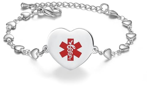 LinnaLove Medical Alert Bracelet for Women Adjustable Stainless steel Heart Charm Medical jewelry-Heart-silver-nut allergy