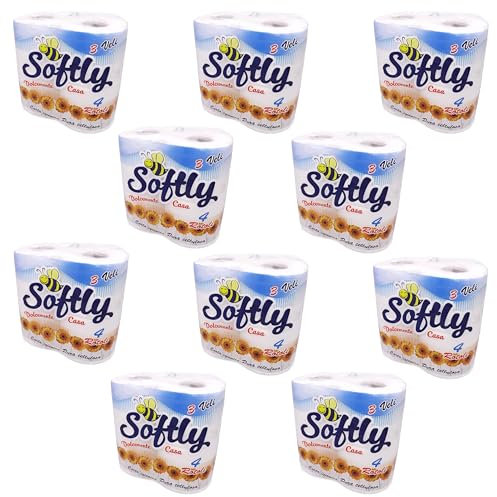 Carta Igienica Softly 3 Veli, 40 Rotoli (10 pacchi da 4 rotoli), Morbida e Resistente, Goffratura Floreale, Bianca, in Pura Cellulosa, Delicata sulla Pelle, Non Profumata