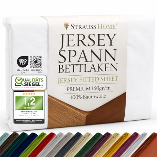 Strauss Home Premium Spannbettlaken Jersey 180x200-200x200 cm - 160 g/m² 100% gekämmte Baumwolle, 25 cm Steg, Oeko-TEX - für Standardmatratzen Doppelbett - Weiß