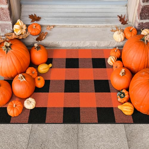 Buffalo Plaid Outdoor Teppich Orange und Schwarz 2x3 Baumwolle Gewebt Teppich Kariert Waschbar Halloween Veranda Teppich Geschichtete Herbst Outdoor Matten für Haustür Herbst Bauernhaus Eingang