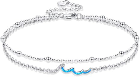 HUKKUN Wave Anklet Sterling Silver Beach Ankle Bracelet Wave Layered Anklet Ocean Wave Jewellery Gifts for Women