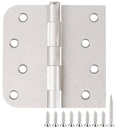 Satin Nickel Door Hinges 4 Inch Square Rounded 5/8 Radius Hinges for Doors Reversible Full Mortise Combination 4 in Door Hardware 6 Pack