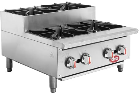 Kratos Commercial Countertop Gas Range | 24 Wide Stainless Steel Four Burner Hot Plate | Step-Up Design | Natural Gas | 120,000 BTU | Countertop Range for Restaurants (29R-003)
