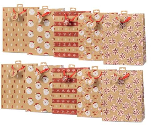 Laro Premium Line Geschenktüten Weihnachten/Kraftpapier/Rot/Braun 10/20/40/100stk Größe: H 32,5 x B 26 x T 13 x cm Large, Anzahl:20, Muster Tüten:Weihnachten Kraftpapier Rot Braun