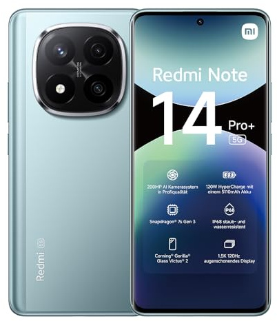 XIAOMI REDMI Note 14 Pro+5G Smartphone, 8+256GB, Blau | 200MP professionelle AI-Kamera, IP68, 120W HyperCharge, AI-Funktionen (kein Ladegerät enthalten)
