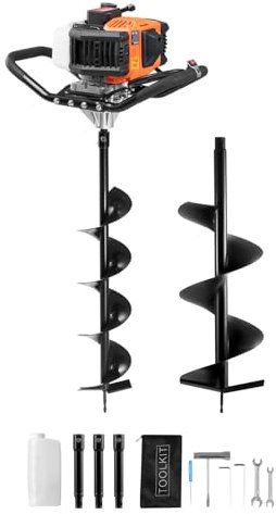 VEVOR Post Hole Digger Gas Powered, 52CC 1450W Earth Auger, Gas Auger with 6” & 10” Auger Drill Action Design Bits & 3 Extension Rods, Post Fence Hole Digger for Farmland Garden Plant, Orange+Black