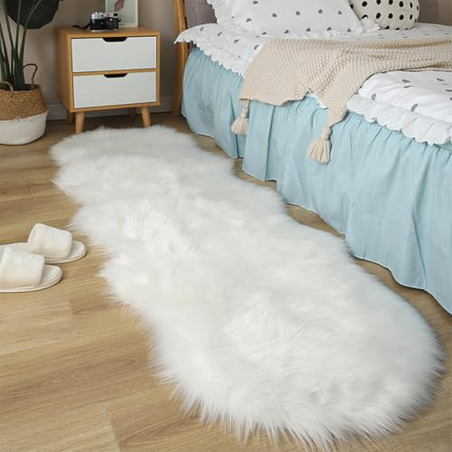 JXLOULAN Faux lammskinn, fårskinn, matta, vit, 80 x 180 cm, mjuk fluffig matta, vardagsrumsdekoration, långhårig päls, lammskinnsimitation, matta för stolar, soffa, sovrum, barnrum