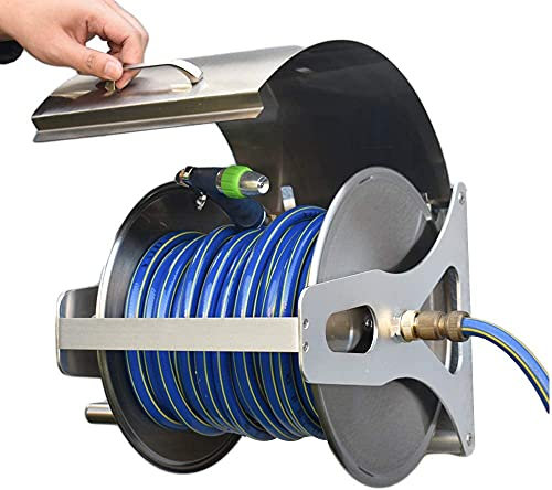 Durable Stainless Steel Hose Reel with Lid Wall Mounted Garden Water Hose Reel Holder for Yard Lawn Farm Patio 30 Meter Capacity