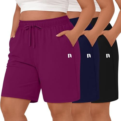 Neer Paquete 3 Bermudas Talla Grande Mujer | Tejido 90% Algodón, Cintura Alta Con Cordón Ajustable, Ropa Informal Para Estar En Casa, Yoga Deportivos Con Bolsillos