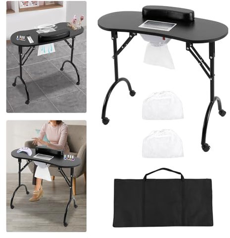 Faltbar Maniküretisch mit Absaugung Tragbarer Nageltisch Tragbaresmanikürtisch mit Rollen Mobiler Maniküre Tisch Professioneller, Kosmetiktisch mit Belüftung, für Nagelstudio, Spa mit Tasche (Schwarz)