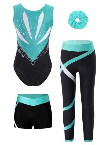 inhzoy Mädchen Turnanzug Mit Hose Kurz&Lang Ärmelloser Farbblock Trikot Leggings Shorts Und Haargummi Set Gymnastik Tanzkleidung