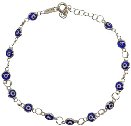 MYSTIC JEWELS - Pulsera de Plata de Ley 925 con Ojitos de la Buena Suerte, 14 Ojitos de 4 mm, con Extensión de Cadena (Azul Marino)