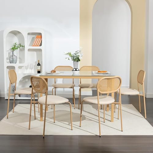 PerGar Esszimmerstühle 2er Set, Küchenstuhl mit Rattan Rückenlehne, Wohnzimmerstuhl mit Metallrahmen, Armlose Polsterstühle, Akzentstühle, Rattanstuhl für Wohnzimmer Esszimmer, Holzfarbe
