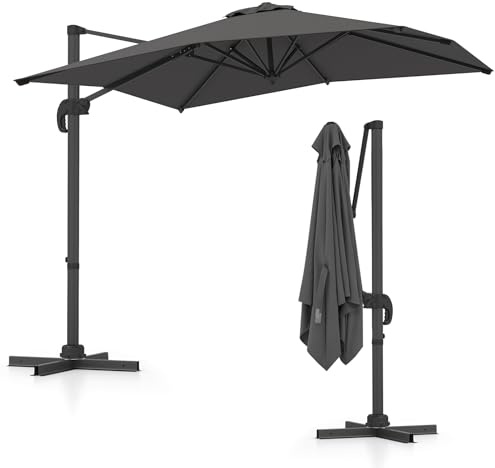 KOMFOTTEU Ombrellone da Giardino 250 x 250 cm Decentrato, Ombrellone da Balcone Inclinabile con Base a Croce, Manovella, Rotazione a 360°, per Arredo Esterno, Cortile e Terrazzo (Grigio)