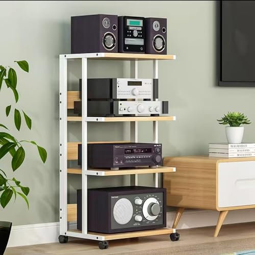 QSPNVFB Rack De Audio Mueble Equipo HiFi con Ruedas, Rolling Soporte Multimedia AV Gabinete De Componentes De Estéreo Estantes Estéreo para Salón(White,4-Tier)