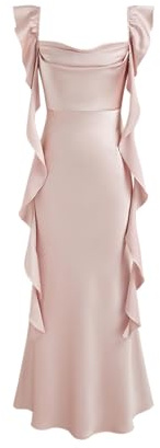 CIDER Maxi Dress Ruffle Hem Cowl Neck Satin Wedding Guest Dresses Formal Cocktail Party Sleeveless Midi Waist Dress Pink