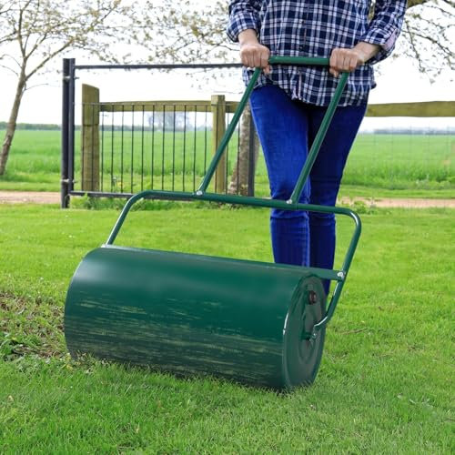 Wassergefüllte Gartenwalze, manuelle Rasenwalze mit U-förmigem Griff, abnehmbarer Ablassschraube, Schaberleiste, robust und langlebig, großes Fassungsvermögen von 13 Gallonen, Rasennivellierungswerk