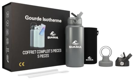 Gourde Thermos Isotherme 1L en Inox – 3 Bouchons Interchangeables Aimant Téléphone, Pipette Sport et Ouverture Large – Sacoche Incluse – Idéal pour Sport, Bureau et Voyages – Sans BPA, Antifuite